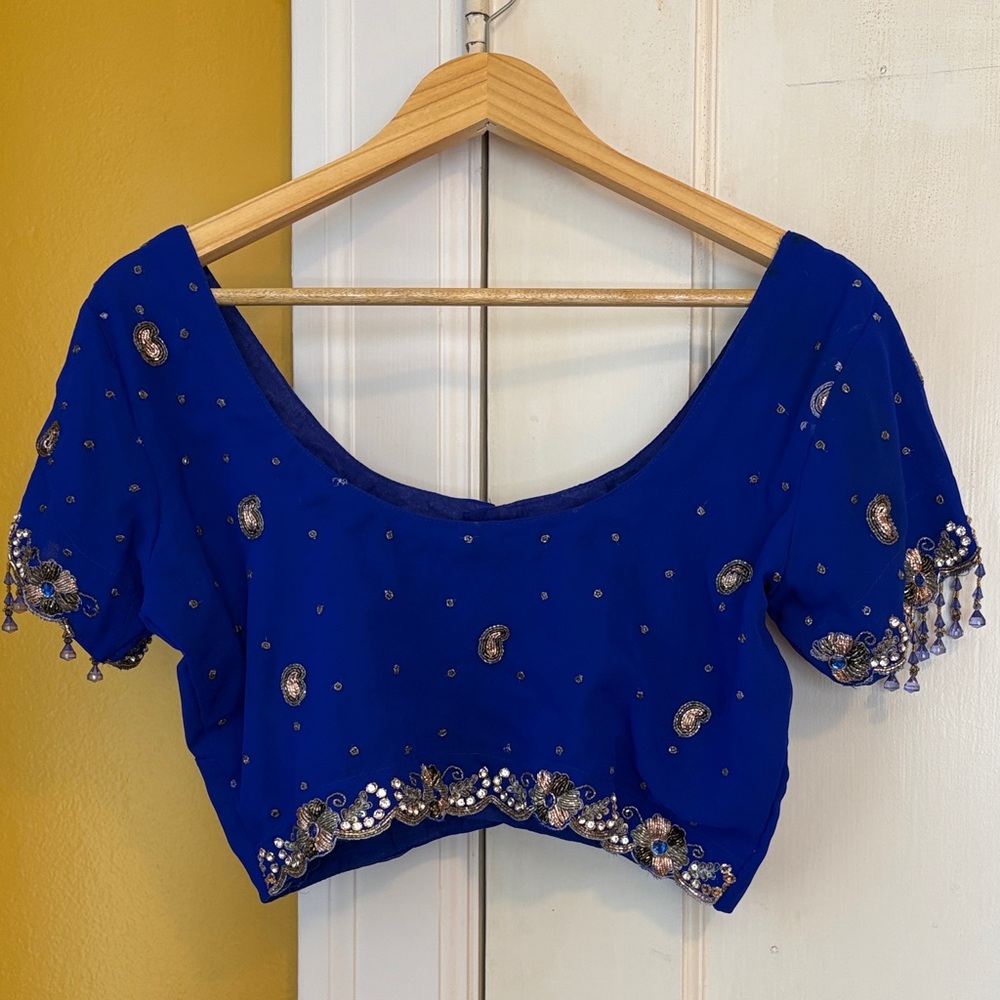 Embellished Royal Blue Women's Saree Crop Top Blouse